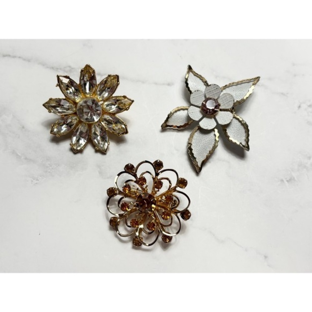 Vintage Floral Brooch Pin Lot 3pc Rhinestone Amber Filigree White Enamel Flower